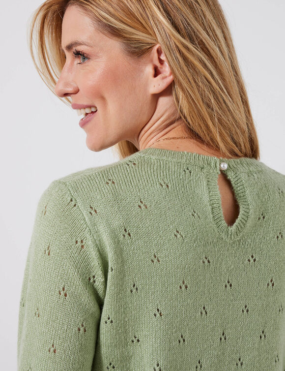 Pull col rond, maille pointelle toucher doux (vert d'eau) Pull col rond, maille pointelle toucher doux (vert d'eau)